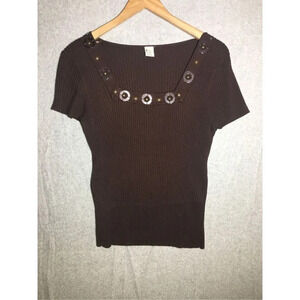 Womens R.E.Q Blouse Square Neckline Brown Beaded Buttons Vintage 2000s Y2K